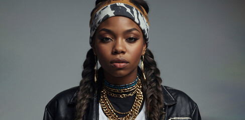 Hip hop fashion diva. Portrait of a beautiful african american female artist in leather jacket, headband, gold chains and braids