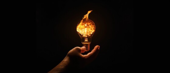 hand holding a light bulb on fire isolated on a black background