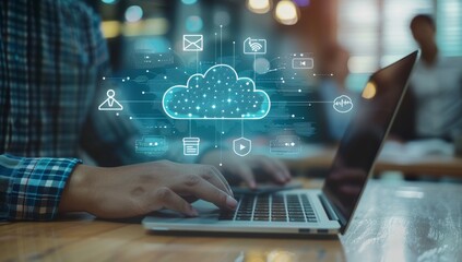 A person using digital documents and data in the cloud on their laptop, with icons for document storage and file sharing drawn above them.