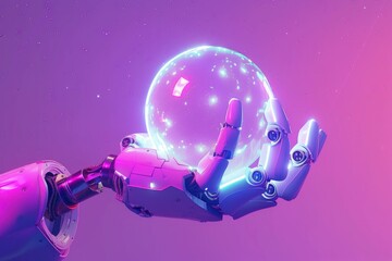 Futuristic robot hand holding crystal ball in front of vibrant pink and purple light background