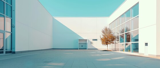 modern minimalist white production building, outdoor view with a bright sky 