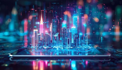 Fototapeta premium A tablet displaying an AI-generated cityscape with holographic buildings and digital connections, representing the integration of smart urban technology in architectural design.