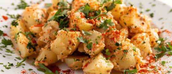 potato salad sprinkled with spices and cilantro isolated on a white background