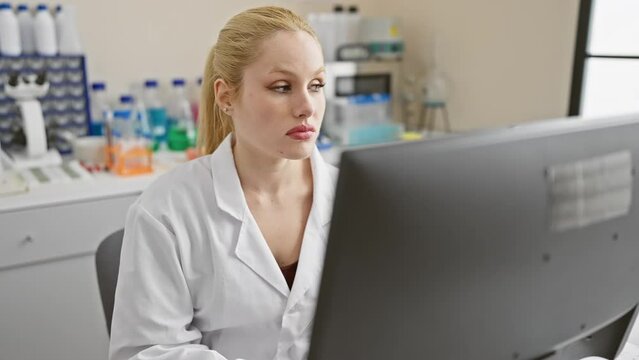 Skeptical young blonde scientist in uniform, taken aback at computer in lab, sarcastic mouth agape, doubtful look in her eyes