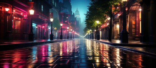 Night city street with lights and cobblestone