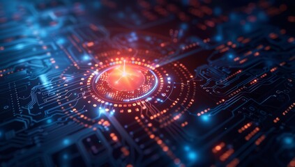 Obraz premium Abstract futuristic background with digital glowing elements and computer chip circuit board structure, dark blue color theme.