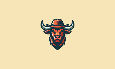 head buffalo wearing hat cowboy vector mascot design