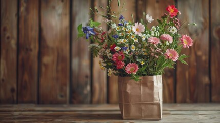 Against a rustic backdrop, a paper bag filled with freshly picked flowers adds a touch of charm to a country-style setting.