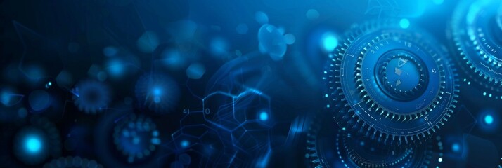 Blue technology background with gears and hologram elements, vector illustration.