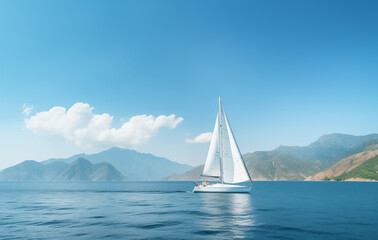 White sailboat floating in the sea The background is mountains and sky, beautiful nature pictures.