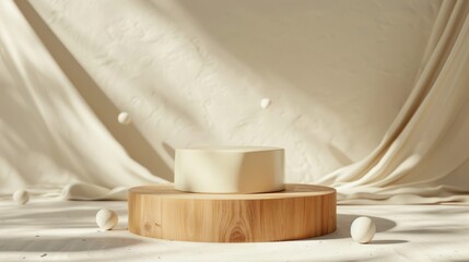 Minimal wooden pedestal for product presentation background, milk around. Milk day concept.