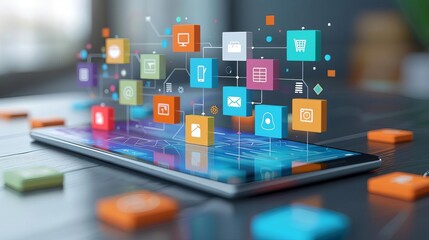 Digital Collaboration Tools Icons of a tablet or smartphone showing collaborative apps like shared documents or messaging