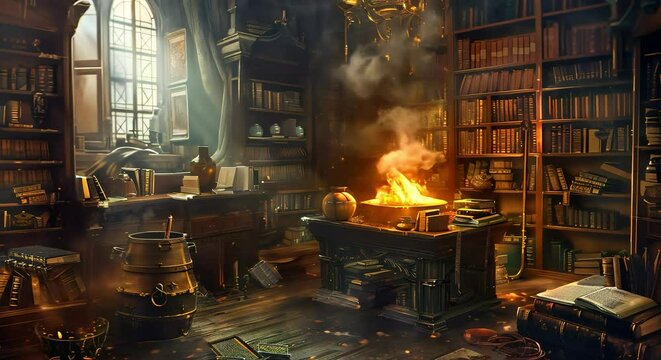 A wizard&rsquo;s study room filled with ancient books, magical scrolls, and a bubbling cauldron made with Ai generative technology