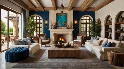 Fototapeta premium Cozy fireplace in a Mediterranean farmhouse living room.