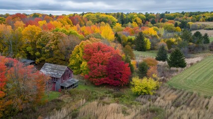 Autumn foliage transformation near a farm in Door County Wisconsin