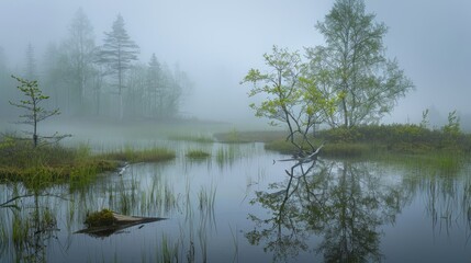 Foggy and misty morning scenery in spring