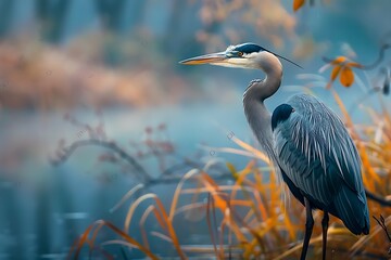 A Great blue heron standing patiently by a lake at dusk, its long neck poised for a strike. Capture the graceful posture and the details of the wetland environment. - Powered by Adobe