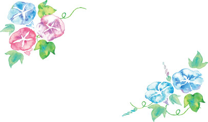 水彩画。水彩タッチの朝顔ベクターイラスト。夏の朝顔フレーム背景。和風の朝顔素材。Watercolor painting. Morning glory vector illustration with watercolor touch. Summer morning glory frame background. Japanese style morning glory material.