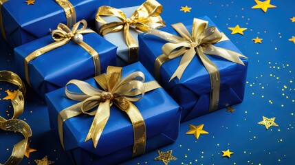 A blue gift box with a golden ribbon. Design elements for birthdays, weddings, and other life events.