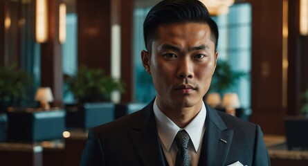 asian guy concierge on hotel lobby background