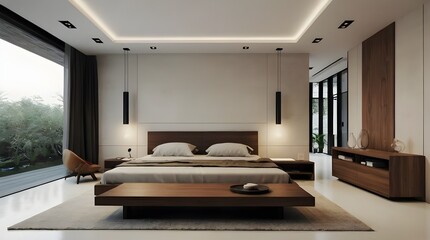 Interior design of living room with copy space, beige sofa, side table, leaf in vase, pouf, elegant accessories and boucle rug. Beige wall. Minimalist home decor. Template.