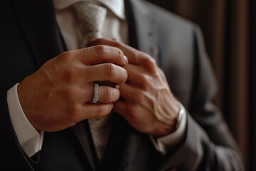 Groom's Attire: A Man Modeling a Classic Wedding Suit with a Dapper Tie and Ring, Embodying Sophistication and Style for the Big Day.