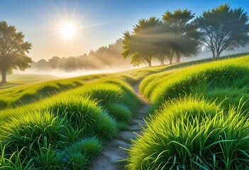 Fototapeta premium fine mist clinging to vibrant green grass, complemented by the light-drenched clarity of a clear blue sky.