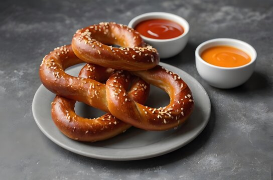 Beautiful German pretzels on a plate with sauce in bowls.