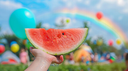 Watermelon Slice with Rainbow for Summer and Celebration