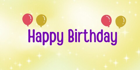 Naklejka premium Happy Birthday greeting card with Yellow background and white sparkles and red and golden balloons