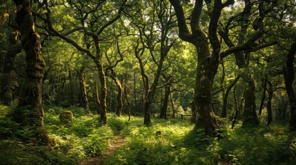 Obraz premium An ancient forest full of oak and chestnut trees alongside dense vegetation near Lugo Galicia