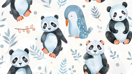 Fototapeta premium seamless pattern flat watercolor animals in light pinks and yellows with rabbits and birds