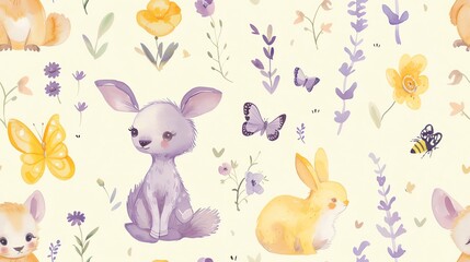 seamless pattern flat watercolor animals in light pinks and yellows with rabbits and birds