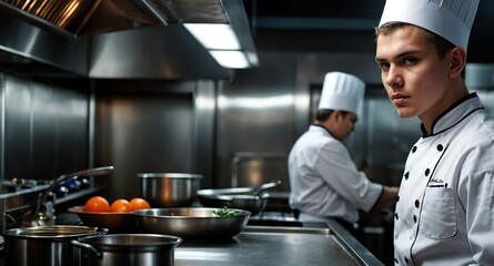 young chef working on kitchen background
