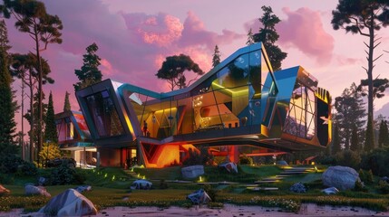 A futuristic house with glass walls and colorful geometric shapes, trees in front of it, pink sky, blue hour, hyper realistic and detailed - Powered by Adobe