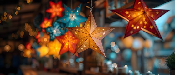 There are many paper stars hanging from the ceiling - Powered by Adobe