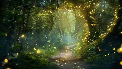 Magical Forest with Glowing Fireflies and Soft Light
