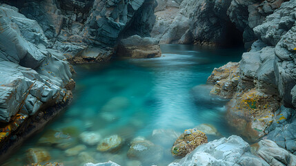 A serene nature rocky shore scene with tide pools filled with marine life, the waves gently lapping at the rocks
