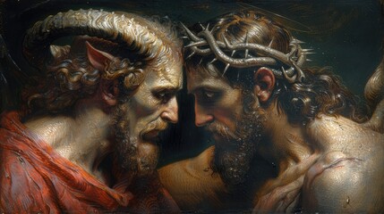 Symbolic confrontation: battle between God and the devil, good and evil, Jesus Christ and Lucifer, struggle of opposites, the eternal conflict between light and darkness in religious representations.