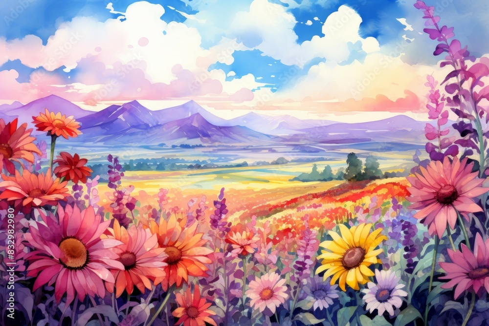 Wall mural Summer flower fields - Generative AI