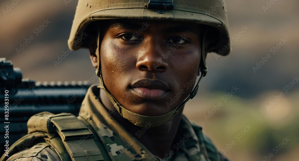 Wall mural young soldier working on duty background