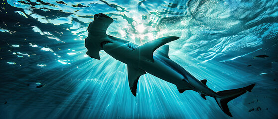 A hammerhead shark silhouetted against the ocean surface with sunlight rays.