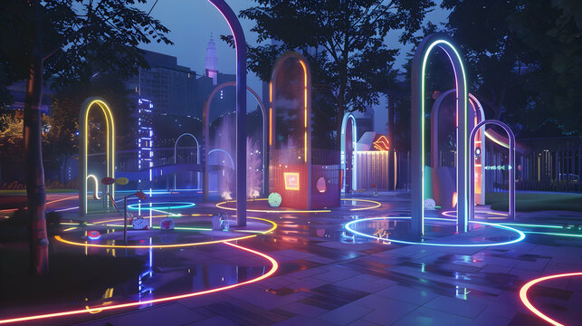 A futuristic playground in an urban setting, illuminated by neon lights and featuring interactive digital play installations