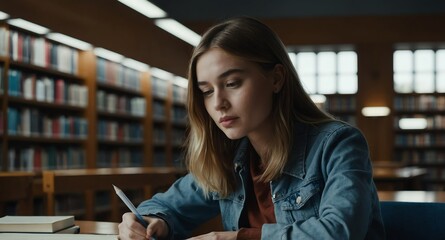 young woman studying on library background