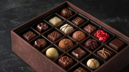 Angled perspective of a box filled with artisanal premium chocolates