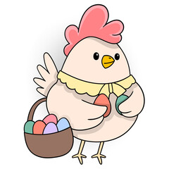 hen is walking carrying a basket filled with eggs