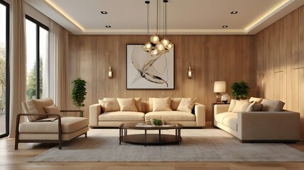 Fototapeta premium Modern villa living room design interior, beige furniture, bright walls, hardwood flooring, sofa, armchair with lamp. Concept of relax. 3d rendering