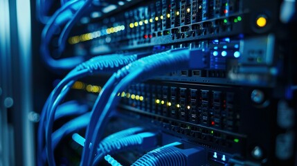 Network Switch and Blue Cable Connection: A Close-Up