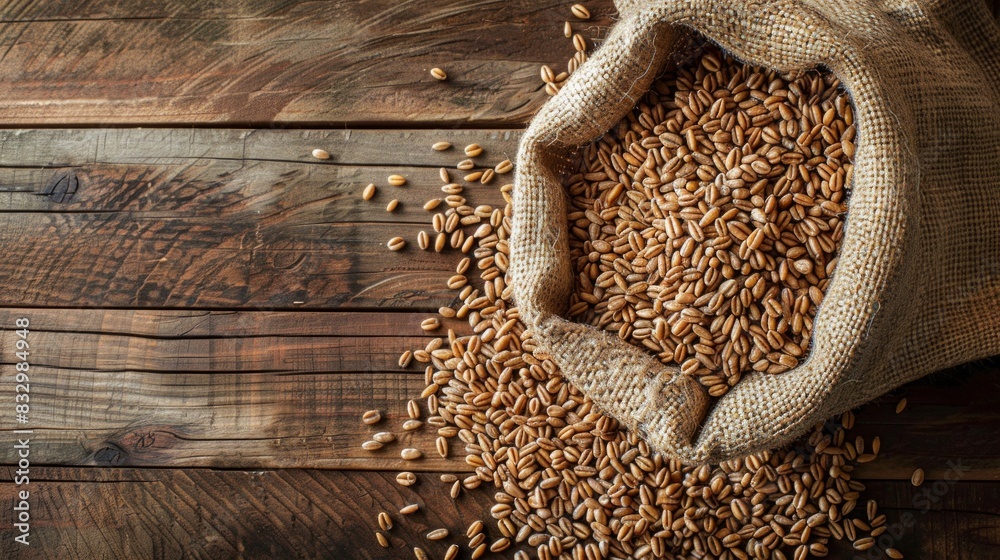 Wall mural freshly harvested wheat grains in a bag background wallpaper, food ingredient concept for designer