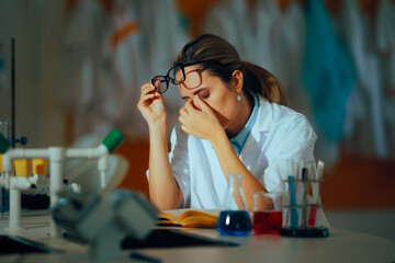 Tired Scientist Rubbing her Eyes Sitting in a Laboratory. Overworked chemist doing overtime late...
